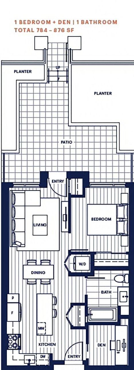 Floor plan for 1 bed, 1 bath, 644 sqft